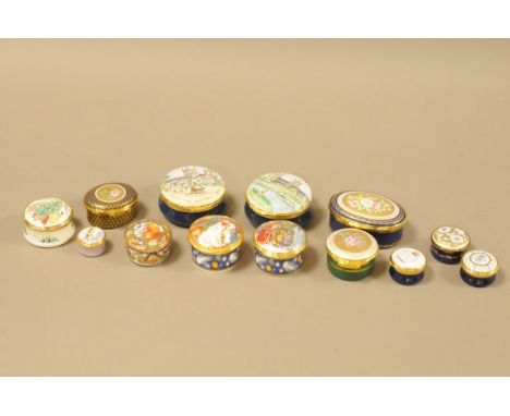 Thirteen modern collectable enamel boxes, two from Crummles &amp; Co with Wimborne Minster scenes, 6cm, four Christmas relate