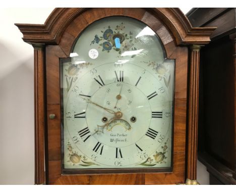 A Georgian and later light oak long case clock, 205cm, marked Geo. Parker Wisbeach, appears to be an Edwardian period case fo