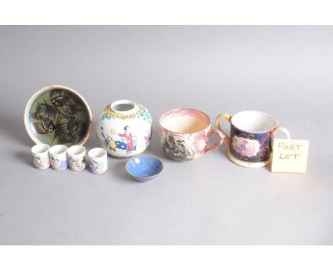 A collection of Victorian and later ceramics, including a Sunderland lustre large mug with Ship Sally, a restored loving cup,