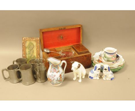 A mixed lot of ceramics and other items, including a Victorian burr walnut veneered tea caddy, AF, a pottery figure of Nipper