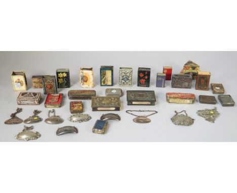A quantity of vintage matchbox holders and silver plated decanter labels. (qty)