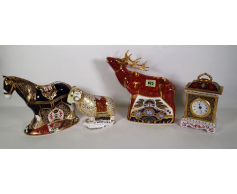 Four Royal Crown Derby Imari paperweights, including a stag, a mantel clock, a horse and a ram, (4).