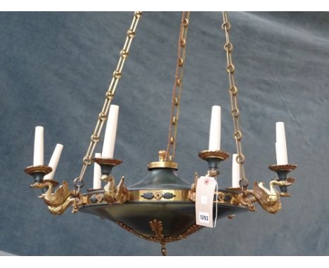 An Empire style nine light chandelier, green and gilt metal with nine swan cast arms suspended by linked chains, 100cm high. 