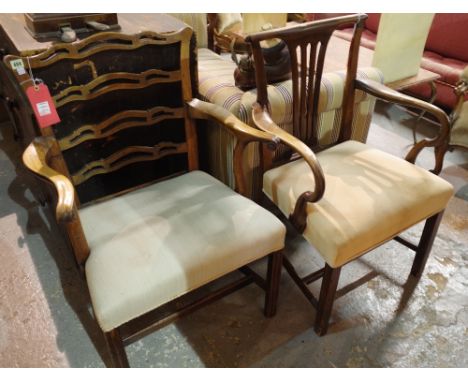 An 18th century mahogany wavy ladder back carver chair, a similar slat back chair and a George IV mahogany chair, (a.f.). 