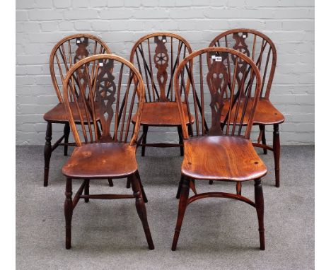 Two 19th century yew and elm stick back Windsor chairs with crinoline stretcher together with three other ash and elm stick b