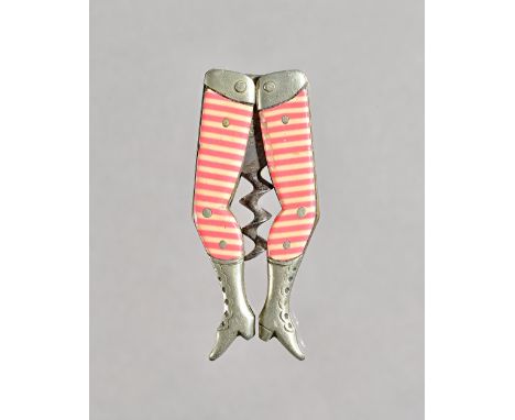 A pair of German novelty 'Lady's legs' corkscrew by Graef &amp; Schmidt, pink and white stripes, full leg, stamped 'Graef Sch