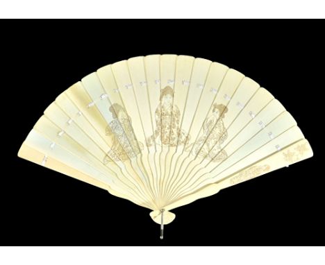 A Japanese ivory fan, late 19th century, carved to both sides with three female figures 'speak no evil, hear no evil, see no 