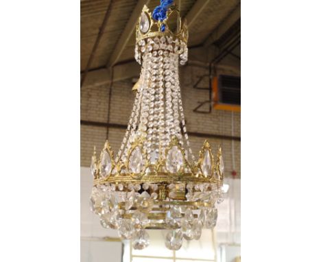 A 20th century gilt metal and glass bag chandelier, 39cm wide x 70cm high. 
