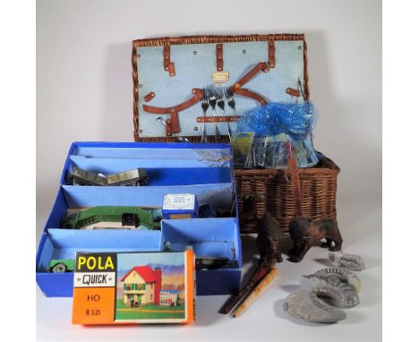 Collectables including rocks, fossils, train set, marbles, a hamper and sundry. 