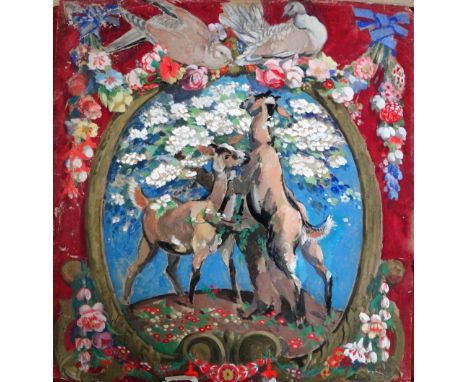 Continental School, early 20th Century, A child surrounded by geese; Deer in a cartouche, two, one oil sketch on board, the o