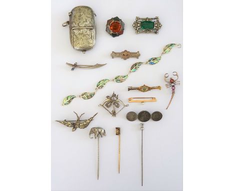 A varicoloured gemstone set brooch, designed as a scorpion, a silver and varicoloured paste set brooch, designed as a sword, 