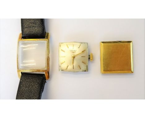 A Longines gold square cased lady's wristwatch, with a signed jewelled movement, the signed silvered dial with gilt baton num