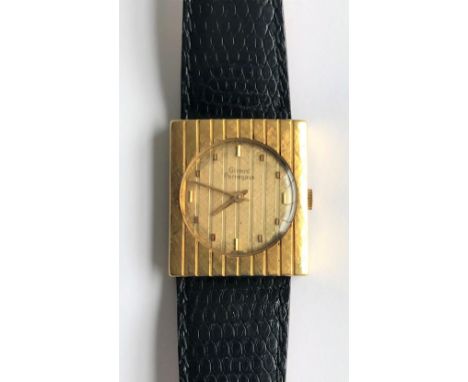 A Girard Perregaux 18ct yellow gold wristwatch of rectangular design, the circular striped dial with applied baton indicators
