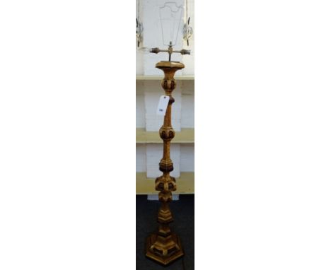 An 18th century style giltwood standard lamp, modern, of hexagonal sectional form, 140cm high. 