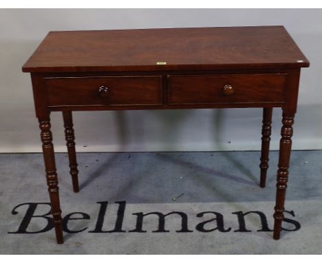 A Victorian mahogany two drawer side table on ring turned tapering supports, 100cm wide x 78cm high. 