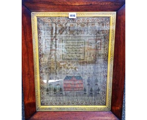 An 18th century sampler by Mary Salmon (?), depicting a house surrounded by trees, with moral verse and a wide foliate border
