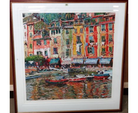 Marco Sassone (b.1942), Waterfront, colour serigraph, signed, 91cm x 91cm.