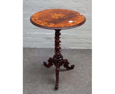 A Victorian marquetry inlaid rosewood circular tripod table on barleytwist column, 48cm diameter x 74cm high.  