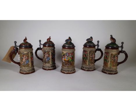 Gerz W Germany; five 20th century ceramic beer tankards with metal lids, each 22cm high, (5). 