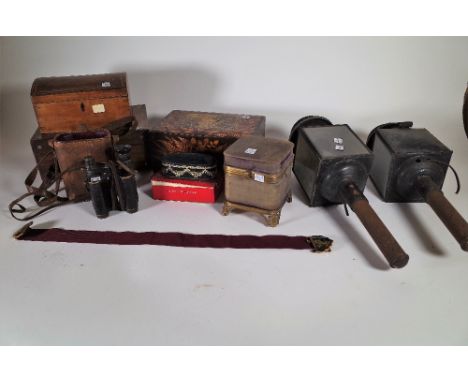 Collectables, including; 19th century boxes, a pair of coaching lamps, binoculars and sundry, (qty). 