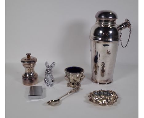 Silver plated wares comprising; a Cocktail shaker, pepper grinder, cauldron salt and liner, a model of a rabbit, leaf shaped 