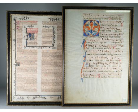 ILLUMINATED MANUSCRIPTS; two manuscript leaves, ca. ? 15th - 16th century; Illuminated manuscript leaf, on vellum, laid down 