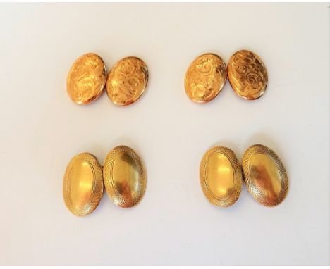 A pair of 9ct gold cufflinks, the oval backs and fronts decorated with engine turned borders, Birmingham 1939 and a pair of 9