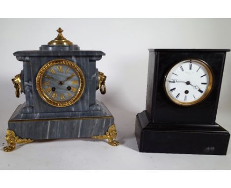 A 19th century grey slate mantel clock and a black slate mantel clock, the tallest 28cm high. 