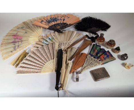 Collectables, including; mostly 20th century bone and ivory mounted fans, a Chinese silver pepperette decorated with a dragon