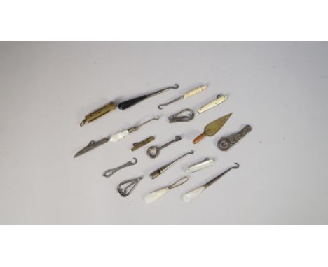 A small collection of miniature novelty button hooks and related collectables, mother-of-pearl, white metal and ivory, (17)