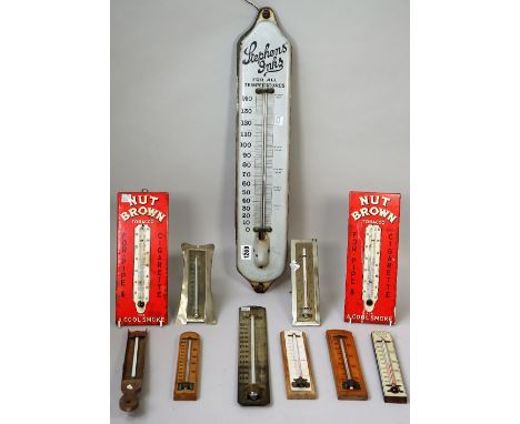 A 'Stephens Ink' enamel advertising thermometer (60cm high), a steel wall barometer by J Long, 43, Eastcheap, London (36cm) a