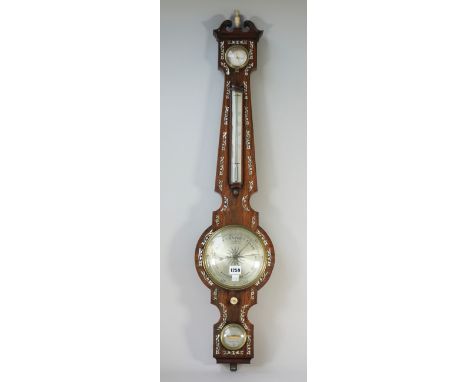 A rosewood and mother-of-pearl inlaid wheel barometer, 19th century, with broken arch pediment, dry/damp detector, thermomete
