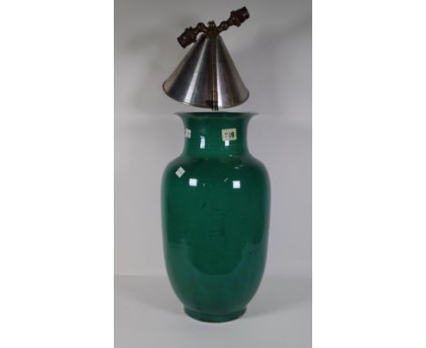 A 20th century green crackle glaze baluster vase, converted into a table lamp, 47cm high, (a.f.). 