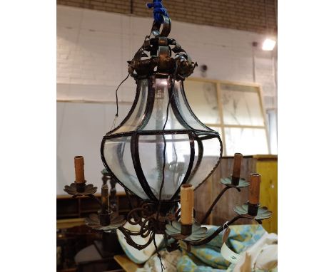 A late Victorian black painted metal six branch octagonal chandelier of tapering form, 55cm wide x 70cm high. 