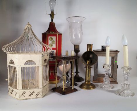 A group of 20th century lamps and lighting, a sand timer and a birdcage, (qty). 