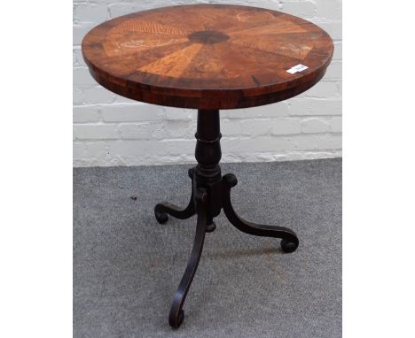 A 19th century occasional table, the circular rosewood top Stellar veneered with specimen wood on tripod base, 59cm diameter 