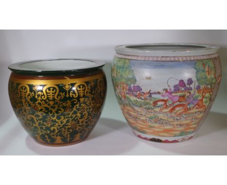 A 20th century Chinese style jardiniere painted with European hunting scene on a hardwood stand, 47cm wide x 66cm high, and a