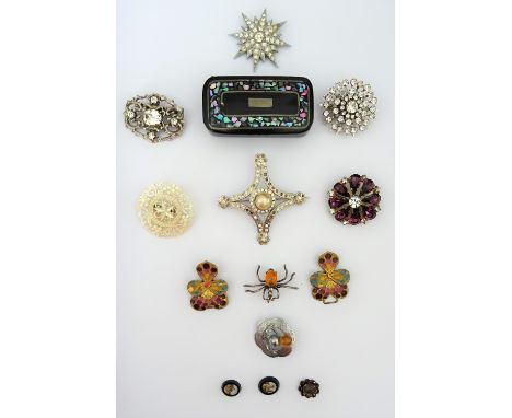 Two unmounted oval small miniature micro-mosaic panels, a Bohemian garnet set fitting, seven brooches, a buckle designed as a