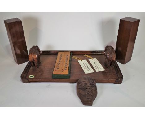 Collectables, including; pair of hardwood trays with carved animal handles, wooden box,, embossed leather box and sundry, (qt