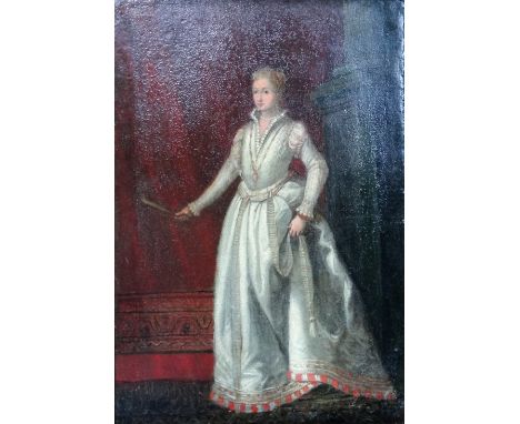 Continental School (19th century), Portrait of a lady in 17th century dress, oil on canvas, 39cm x 26cm. 