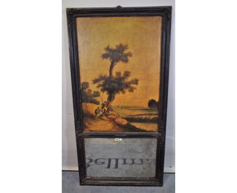 A 19th century French trumeau wall mirror, depicting a hunting scene within a black painted frame, 74cm wide x 149cm high.