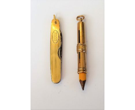 A 9ct gold slide action pencil holder by S Mordan &amp; Co, London 1922 and a gold mounted twin bladed folding pocket knife, 