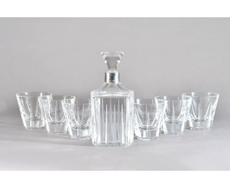 An Asprey glass and silver mounted decanter and stopper with six matching tumblers, etched mark 'Asprey London' with hallmark