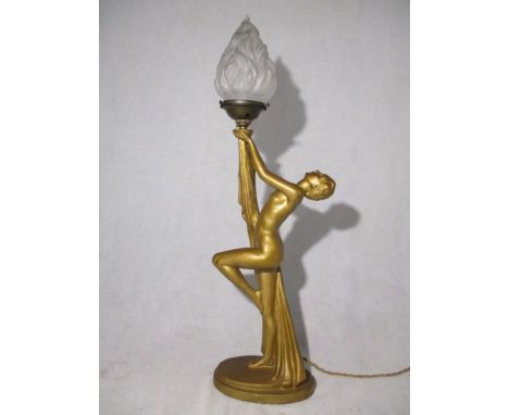 A plaster Art Deco lamp in the form of a nude lady, height including shade 77cm