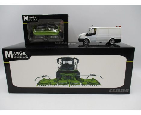 A boxed Marge Model die-cast Claas Jaguar 980 forge harvester with Orbis 750 maize pick up, along with boxed marge Models Cla