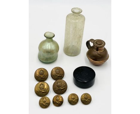 A small collection of items including Merit Pocket Compass, RAF buttons, small antique bottles etc.