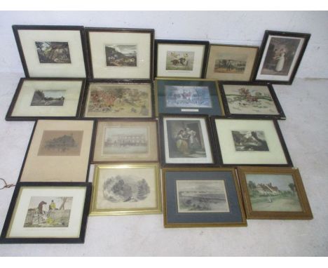 An assortment of miscellaneous vintage prints, including hunting and country scenes.