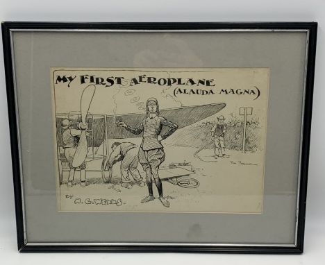 A pen and ink sketch by cartoonist Tom Browne (1872-1910) of the artwork for the short story "My First Aeroplane" by H.G. Wel