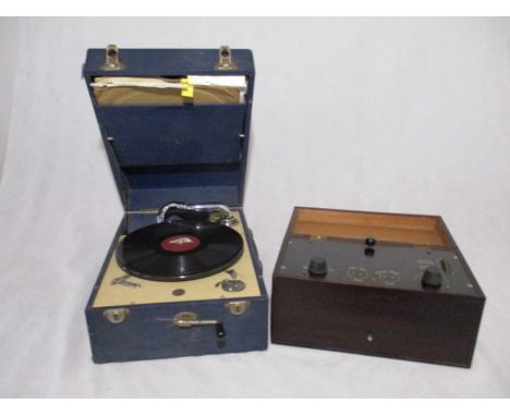 A Decca 50 wind up Gramophone with a small selection of records, plus an Electro Therapy Machine with brass hand grips 