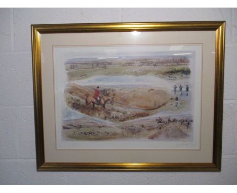 A framed limited edition print commemorating Captain Ronnie Wallace's 50 years of hunting hounds, depicting all the packs of 